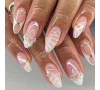 Gradient Pink Oval Almond Press On Nails With Glossy French Tips And 3D Floral Butterfly Decorations - 24PCS False Nails For Bridal Wedding Special Occasions Featuring Carved Lines And Gold Bead