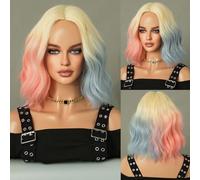 Gradient powder blue short curly wigWavy bob wigDouble-piecepowder blue synthetic hair shoulder-length14-inch short curly middle-parted wig A,36cm