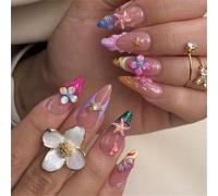 Gradient Press Ons with 3D Flower Shell Charm Design, 30 Pieces Almond False Tips in 15 Sizes with Adhesive Tabs for Wedding Guests