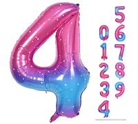 Gradient Rainbow 4 Balloons, 40 Inch Large Blue Pink Purple Foil Number Balloons Set 0-9, Self Inflating Starry Digital 4 Helium Balloon for Girls Women Birthday Anniversary Party Decorations Supplies