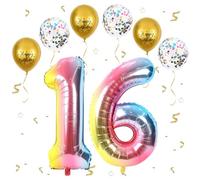 Gradient Rainbow Balloon 16, XXL Giant Birthday Balloon 16, 40 Inch, Birthday Decoration Anniversary Party Decoration, Fly with Helium (Number 16/61)