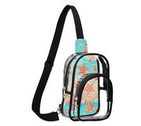 Gradient Sea Blue Beige Clear Sling Backpack with Printed Back, Adjustable Cotton Strap and Secure Pocket for Work Travel