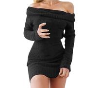 Gradient Sweater Off-Shoulder, form-fitting pullover dress for women with long sleeves, knitted dress for winter holiday evening dress size 56, black, M