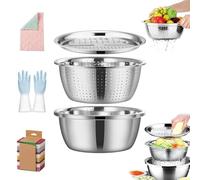 Gradientiscolor Germany Multifunctional Stainless Steel Basin, 3 in 1 Vegetable Cutter with Drain Basket Stainless Steel Basin, Stainless Steel Vegetable Grater Three-Piece Set (28cm)