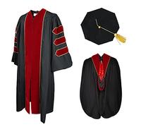 GradPlaza Unisex Graduation Doctoral Gown,Doctoral Hood with Gold Piping and 8 Side Tam, Red/Red Black, 48