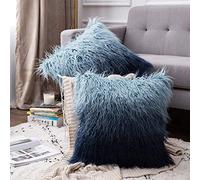 Gradual Change Fluffy Soft Decorative Square Pillow Covers Plush Pillow Case Faux Fur Cushion Covers For Livingroom Sofa Bedroom-18“x18",2Pieces_Blue