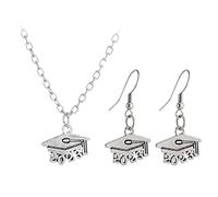 Graduation Academic Achievement Commemorative Cap Earrings and Necklace Jewelry Set for Celebration (Silver, One Size)