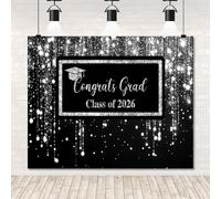 Graduation Backdrop Class of 2026 10x8ft Black Sliver Glitter Bachelor Cap Banner Congratulations Congrats Grad Photography Background Graduation Prom Party Decorations Photo Booth Props