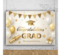 Graduation Backdrop White Gold Balloons Gifts Congrats Grad Background Congratulations Class of 2025 Student Graduate Prom Party Decorations Photo Booth 10x8ft Vinyl 10x8ft