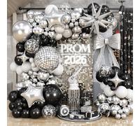 Graduation Balloon Garland Arch Kit, Black and Silver Balloons Explosion Star 4D Disco Ball Foil Balloons Black White Metallic Silver Latex Balloons for Class of 2026 Congrats Grad Prom Party Decor