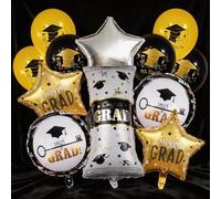 Graduation Balloons 12-Pack, Helium or Air Fill Foil & Latex Balloons Kit for 2026 Graduation Party Decorations, Black Gold White Theme with Congrats Grad Scroll & Star Balloons