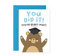 Graduation Bear Card - 'You Did It! You’re Beary Smart' - Cute Bear in Cap Design - Congratulations Greeting for Son, Daughter, Niece, Nephew, Friend - Exam or Graduation - Includes Fun Stickers