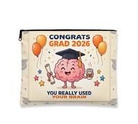 Graduation Brain Makeup Bag, Fun Cartoon Cosmetic Pouch for Celebrating Achievements, Portable Zipper Organizer for Events, beige, 7x9 Inch, Brain