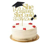 Graduation Cake Topper 2025, Congratulations Cake Topper, Graduation Decorations with Golden Text, Grad Cap & Scroll Design in Black - She Believed She Could So She Did - Include Stick & Dots Glue