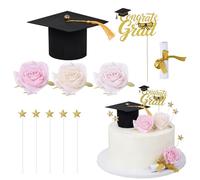 Graduation Cake Topper Set - Congrats Grad Cake Decorations with Graduation Cap, Diploma, Artificial Flower Toppers & Stars, Congrats Grad Decorations for 2026 Grad Party Cakes