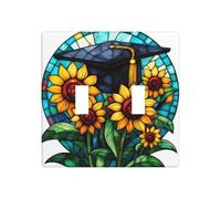 Graduation Cap and Sunflowers Stained Glass Double Gang Toggle Light Cover Wall Plate Switch Decor Standard Size - 11.4x11.4cm