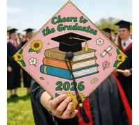 Graduation Cap Topper, Celebratory Playful Books Sunflowers Peach 2026 Grad Decorations Hat Ideas for Celebration Senior Year Keepsake 9.5x9.5 Inch