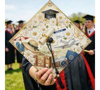Graduation Cap Topper, Travel Floral Chrysanthemum Suitcase Beige 2026 College Grad Decorations Hat Ideas for Celebration Senior Year Keepsake 9.5x9.5 Inch
