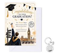 Graduation Card And Keychain Set, Graduation Gifts | Dimensions: Card 17.5x12.5cm, Charm 3cm. Durable alloy finish with velvet pouch. Ideal for university or school ceremonies.