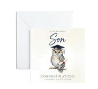 Graduation Card for Son - To My Brilliant Son Congratulations Gifts from Mum and Dad - Wise Owl & The World Is Your Oyster Design - So Proud of You University Degree Keepsake, 13cm