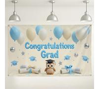 Graduation Celebration Backdrop, Cute Owl Air-Float Balls Decorations for Party Supplies, Blue and Silver Photo Background for Indoor/Outdoor Events 71x43 Inch