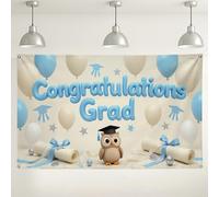 Graduation Celebration Backdrop, Cute Owl and Air-Float Balls Design Party Decorations, Blue and Cream Photo Background for Indoor/Outdoor Events, Graduation Ceremony Supplies 71x43 Inch