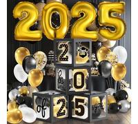 Graduation Decorations 2025 Black Gold Balloons Boxes with Letters Congrats Grad 2025 & So Proud of You and 29 pcs Ballons, Class of 2025 Graduation Party Decorations For Any Grades