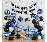 Graduation Decorations 2026, Black and Blue Class of 2026 Decorations We Are So Proud of You Banner Star Foil Latex Balloons and Hanging Swirls for College High School 2026 Grad Party