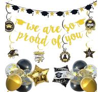 Graduation Decorations 2026, Class of 2026, Black and Gold Graduation Party Decorations Set with Graduation Balloons, Congrats Grad Hanging Swirls and We Are So Proud of You Banner
