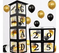 Graduation Decorations Balloon Boxes with Grad Cap Topper Black Kit for Graduation Party Decorations Props Backdrop-4Pcs Boxes with Letters Grad Hat Topper Decor-Class of 2025 Party Favors