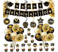 Graduation Decorations Class of 2024 1 Set Black Gold Class of 2024 Decorations with Banner Swirls Balloons Toppers Cards Graduation