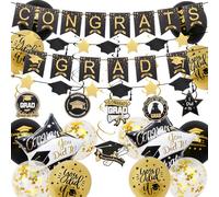 Graduation Decorations Class of 2025, 12Pcs Black and Gold balloons with Swirl and Garland Congrats Grad 2025 Banner for College High School Graduation Party Supplies
