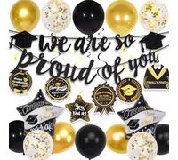 Graduation Decorations Class of 2025, Black and Gold Balloons, We Are So Proud of You Banner and Hanging Swirls, Graduation Party Cards, for Party Decorations