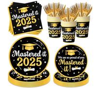 Graduation Decorations Class of 2025, Black Gold Mastered It 2025 Disposable Paper Plates Napkins and Cups for Master College High School Graduation Party Supplies Serve 25