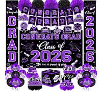 Graduation Decorations Class of 2026,Purple Graduation Decorations 2026- Congrats Grad Decorations Banner ＆ Hanging Swirls,Graduation Card Box,Paper Pompoms,Balloons,Porch Sign for College Grad Party