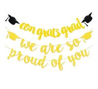 Graduation Decorations, Congratulations Banner, Shiny We Are So Proud of You Banner with Graduation Cap, Happy Bunting Graduation Banner for Farewell Graduation Party (Gold)