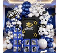 Graduation Decorations Pearl Navy Blue and Silver Balloons Arch with 55 Inch Balloons Boxes, Congratulations Graduation Certificate Trophies Crown Explosion Star Foil Balloon Silver Confetti Balloon