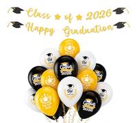 Graduation Decorations Set with Calss of 2026 Banner with 15 Pcs Balloons, Happy Graduation Party Decorations 2026 Congratulations Garland Bunting for Prom Night Leaver Party Decorations Gold