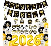 Graduation Decorations Set with Congrats Grad Banner 15 Pcs Balloons Black Gold 6 Ceiling Swirl 6 Glasses, Congratulations Garland Bunting for College High School Prom Night Leaver Party Supplies