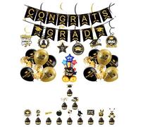 Graduation Decorations with Congrats Grad Banner, Black and Gold Party Decorations Congrats Graduate Balloons Party Supplies with Large Graduation Cap Foil Balloon for College High School