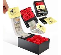 Graduation Money Box for Cash Gift Pull, Money Gift Boxes for Cash on Graduation Gifts, for Friends, Students, Classmate, Further Studies, Graduates with Soap Rose Flower and Greeting Cards (Gold)
