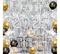 Graduation Prom Decorations 2025, 39 Pcs Prom Balloons Banner Set with Eyeglasses and Foil Fringe Curtain, Black and Gold Proms Decorations for College High School Graduation Send Off Party