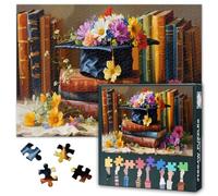 Graduation Puzzle 1000 Pieces for Adults - Flowers Decorated Graduation Hat and Books in Oil Painting Style - Academic Success Puzzle Gift for Graduates - Detailed Artwork 70 x 50 cm