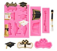 Graduation Silicone Molds, Graduation Chocolate Molds, Pink Silicone Grad Cap Honor Cords Diploma Scroll Fondant Mold Congrat Grad Candy Chocolate Mould for Graduations Party Cookie Cake Cupcake Decor
