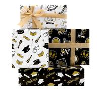 Graduation Wrapping Paper,4 PCS 4 Designs Black White Gold Graduate Gift Wrap Paper,Graduation Hat Diploma Champagne Pattern Wrapping Paper Sheets For Grad Party Celebrate Occasions Supplies Decor