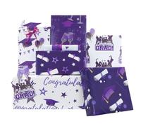 Graduation Wrapping Paper, 6 Sheets Purple White Graduation Gift Wrap with 22m Satin Ribbon, Graduation Gift Wrap for Her & Him, Graduation Party Supplies(70x50cm)