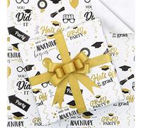 Graduation Wrapping Papers, 6 Sheets White and Gold Gift Wrap Papers, 50 x 70 cm per sheet Folded Flat with 1 Roll Gold Ribbon for Graduation Party Celebrations