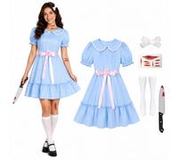 Grady Twins Costume Women 5PCS Sister Babydoll Dress Halloween Doll Outfits | Scary doll set, polyester fabric, blue pullover dress,hair clip, socks, tattoo stickers, prop knife, horror movie cosplay