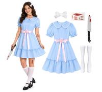 Grady Twins Costume Women 5PCS Sister Babydoll Dress Halloween Doll Outfits | Scary doll set, polyester fabric, blue pullover dress,hair clip, socks, tattoo stickers, prop knife, horror movie cosplay