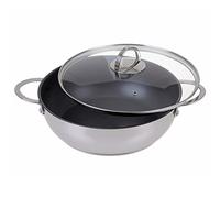 Gräwe 28 cm serving pan, stainless steel non-stick sauté pan with 2 handles and pouring spout, suitable for induction hobs, includes glass lid and slotted spoon